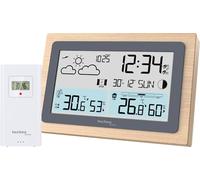 WS6785 Station météo sans fil, température intérieure, température extérieure, prévisions météorologiques, recommandation de ventilation, phase lunaire, cadre en bois