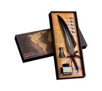 WSeltrium Stylo Plume à l'Ancienne en Plume Grise - Coffret Calligraphie avec 6 Becs, Support Métallique - Idée Cadeau Élégante pour Noël, Fête ou Anniversaire