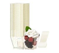 WSeltrium Tasses à Dessert, 50Pcs 60ml/2oz Gold Coupes Gobelets avec 50 Cuillères Mini Verrines à Dessert Réutilisables en Plastique pour Mousse, Tiramisu, Anniversaire