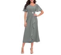 WSEYU Longueur thé en mousseline de soie Mère de la mariée Robes pour mariage Cap Sleeve Volants Robe de soirée formelle ZMKI896, gris, 34
