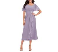 WSEYU Longueur thé en mousseline de soie Mère de la mariée Robes pour mariage Cap Sleeve Volants Robe de soirée formelle ZMKI896, Glycine, 34