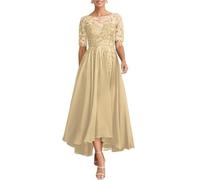 WSEYU Longueur thé en mousseline de soie Mère de la mariée Robes pour mariage dentelle Applique volants robe de soirée formelle ZMKI895, champagne, 34