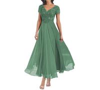 WSEYU Longueur thé mère de la mariée marié robes col en V appliques dentelle robes de soirée formelle grand-mère ZM293, Eucalyptus, 38