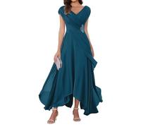 WSEYU Manches courtes Mère de la mariée Robes de marié en mousseline de soie Col en V Robe de soirée formelle Robe de grand-mère Longueur du thé ZMKI355, paon, 40