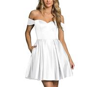WSEYU Robe de bal courte à épaules dénudées avec poches, robe de bal pour adolescente, robe de soirée en satin à lacets dans le dos, blanc, 36