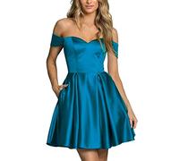 WSEYU Robe de bal courte à épaules dénudées avec poches, robe de bal pour adolescente, robe de soirée en satin à lacets dans le dos, Bleu acide, 36