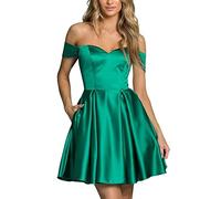 WSEYU Robe de bal courte à épaules dénudées avec poches, robe de bal pour adolescente, robe de soirée en satin à lacets dans le dos, Vert, 50 Grande taille