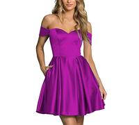 WSEYU Robe de bal courte à épaules dénudées avec poches, robe de bal pour adolescente, robe de soirée en satin à lacets dans le dos, violet, 52 Grande taille
