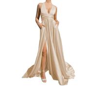 WSEYU Robe de bal en satin avec col en V et dos nu, robe de soirée formelle, longue robe de remise de diplôme avec train, champagne, 34