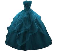WSEYU Robe de bal longue à volants Robes de Quinceanera sans bretelles en dentelle tulle perlée robe de soirée princesse, bleu sarcelle, 42