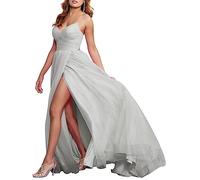 WSEYU Robe de bal longue en tulle avec fente spaghetti bretelles col en V et dos croisé pour mariée, Argenté., 42