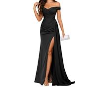 WSEYU Robe de bal sirène en satin avec épaules dénudées et traîne fendue, Noir , 40