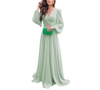 WSEYU Robe de demoiselle d'honneur à manches longues avec col en V et poches pour femme, vert sauge, 38