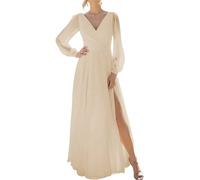 WSEYU Robe de demoiselle d'honneur à manches longues bouffantes pour mariage col en V en mousseline de soie formelle robe de bal de fin d'année avec fente, champagne, 40