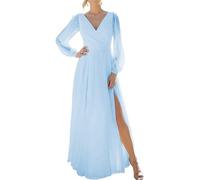 WSEYU Robe de demoiselle d'honneur à manches longues bouffantes pour mariage col en V en mousseline de soie formelle robe de bal de fin d'année avec fente, bleu clair, 40