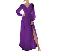 WSEYU Robe de demoiselle d'honneur à manches longues bouffantes pour mariage col en V en mousseline de soie formelle robe de bal de fin d'année avec fente, violet, 42