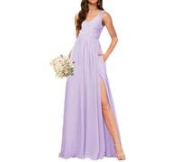 WSEYU Robe de demoiselle d'honneur en mousseline de soie à col en V avec poches, lilas, 38