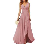 WSEYU Robe de demoiselle d'honneur en mousseline de soie à col en V pour mariage longue robe de soirée formelle avec fente à volants, vieux rose, 42