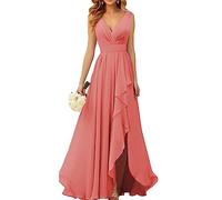 WSEYU Robe de demoiselle d'honneur en mousseline de soie à col en V pour mariage longue robe de soirée formelle avec fente à volants, corail, 44