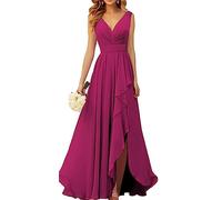 WSEYU Robe de demoiselle d'honneur en mousseline de soie à col en V pour mariage longue robe de soirée formelle avec fente à volants, fuchsia, 42