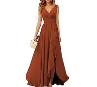 WSEYU Robe de demoiselle d'honneur en mousseline de soie à col en V pour mariage longue robe de soirée formelle avec fente à volants, orange brûlé, 50