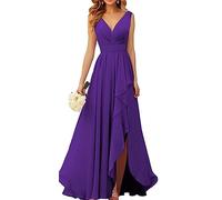 WSEYU Robe de demoiselle d'honneur en mousseline de soie à col en V pour mariage longue robe de soirée formelle avec fente à volants, violet, 40