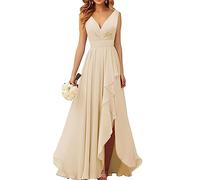 WSEYU Robe de demoiselle d'honneur en mousseline de soie à col en V pour mariage longue robe de soirée formelle avec fente à volants, champagne, 48