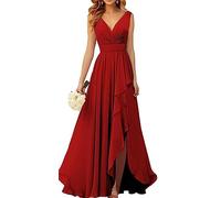 WSEYU Robe de demoiselle d'honneur en mousseline de soie à col en V pour mariage longue robe de soirée formelle avec fente à volants, Rouge, 48