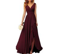 WSEYU Robe de demoiselle d'honneur en mousseline de soie à col en V pour mariage longue robe de soirée formelle avec fente à volants, bordeaux, 48