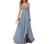WSEYU Robe de demoiselle d'honneur en mousseline de soie à col en V pour mariage longue robe de soirée formelle avec fente à volants, Bleu poudré, 42