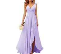 WSEYU Robe de demoiselle d'honneur en mousseline de soie à col en V pour mariage longue robe de soirée formelle avec fente à volants, lilas, 40