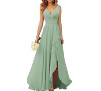 WSEYU Robe de demoiselle d'honneur en mousseline de soie à col en V pour mariage longue robe de soirée formelle avec fente à volants, vert sauge, 52