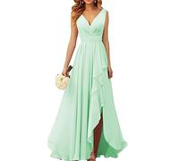 WSEYU Robe de demoiselle d'honneur en mousseline de soie à col en V pour mariage longue robe de soirée formelle avec fente à volants, vert menthe, 46
