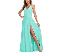 WSEYU Robe de demoiselle d'honneur en mousseline de soie fendue sans manches Robe de bal de fin d'année, robe de soirée formelle, Bleu turquoise, 42