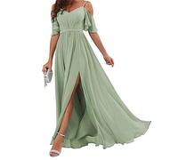 WSEYU Robe de demoiselle d'honneur longue en mousseline de soie à épaules dénudées avec plis fendus, vert sauge, 42