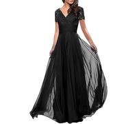 WSEYU Robe de mère de la mariée à col en V pour mariage en mousseline de soie formelle robe de soirée à manches courtes, Noir , 56