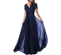 WSEYU Robe de mère de la mariée à col en V pour mariage en mousseline de soie formelle robe de soirée à manches courtes, bleu marine, 42