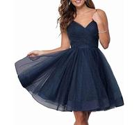WSEYU Robe de soirée courte à bretelles spaghetti avec col en V et tulle dos nu pour adolescents, bleu marine, 38