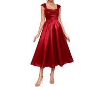WSEYU Robe de soirée étudiante à bretelles spaghetti longueur thé midi robe satin demoiselle d'honneur remise de diplôme robe de cocktail ZMKI491, Rouge, 34