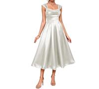 WSEYU Robe de soirée étudiante à bretelles spaghetti longueur thé midi robe satin demoiselle d'honneur remise de diplôme robe de cocktail ZMKI491, ivoire, 34