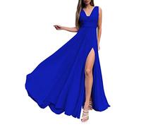 WSEYU Robe d'invité à col en V pour juniors sans manches en mousseline de soie trapèze et bretelles spaghetti fendues 2023, bleu marine, 38