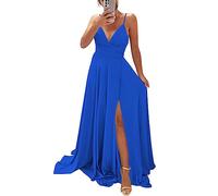 WSEYU Robe longue plissée avec col en V et fente en satin à bretelles fines, bleu roi, 60 Más