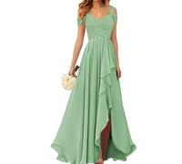 WSEYU Robes de demoiselle d'honneur à épaules dénudées avec fente plissée en mousseline de soie robes de bal longue robe de soirée formelle ZM017, vert sauge, 48 plus