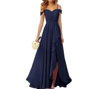 WSEYU Robes de demoiselle d'honneur à épaules dénudées avec fente plissée en mousseline de soie robes de bal longue robe de soirée formelle, bleu marine, 34