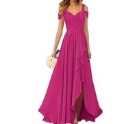 WSEYU Robes de demoiselle d'honneur à épaules dénudées avec fente plissée en mousseline de soie robes de bal longue robe de soirée formelle ZM017, rose vif, 56 Grande taille