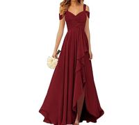 WSEYU Robes de demoiselle d'honneur à épaules dénudées avec fente plissée en mousseline de soie robes de bal longue robe de soirée formelle ZM017, bordeaux, 38