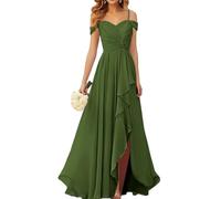 WSEYU Robes de demoiselle d'honneur à épaules dénudées avec fente plissée en mousseline de soie robes de bal longue robe de soirée formelle, vert olive, 44