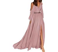 WSEYU Robes de demoiselle d'honneur à épaules dénudées pour mariage robe formelle à manches longues avec fente perlée en mousseline de soie robe de soirée, vieux rose, 52 plus