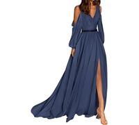 WSEYU Robes de demoiselle d'honneur à épaules dénudées pour mariage robe formelle à manches longues avec fente perlée en mousseline de soie robe de soirée, bleu marine, 48 plus
