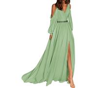 WSEYU Robes de demoiselle d'honneur à épaules dénudées pour mariage robe formelle à manches longues avec fente perlée en mousseline de soie robe de soirée, Vert sauge., 38